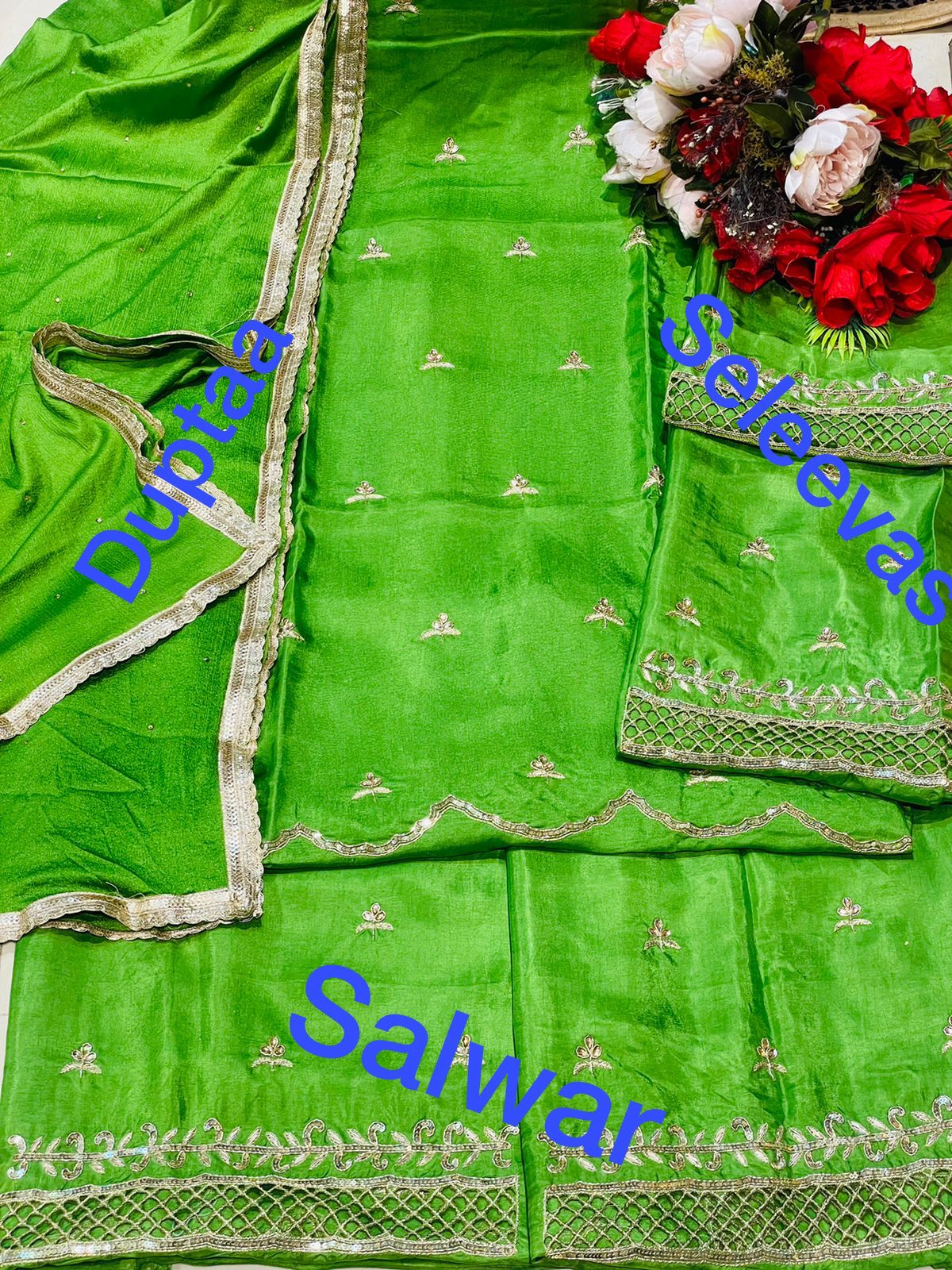 Parrot green plain cotton unstitched salwar with dupatta - Monjolika -  1791290